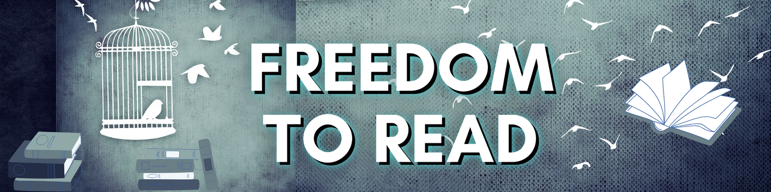 A bird cage surrounded by closed books has been opened to allow birds to fly out. On the other side of the frame, an open book is surrounded by birds on flight. the words “freedom to read” are prominent in the foreground