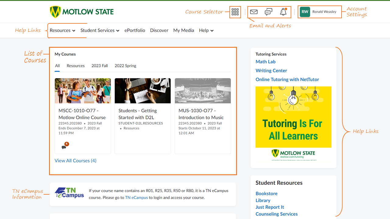 Image of the D2L homepage with the following areas highlighted: course selector, email and alerts, account settings, help links, list of courses, and TN eCampus information.