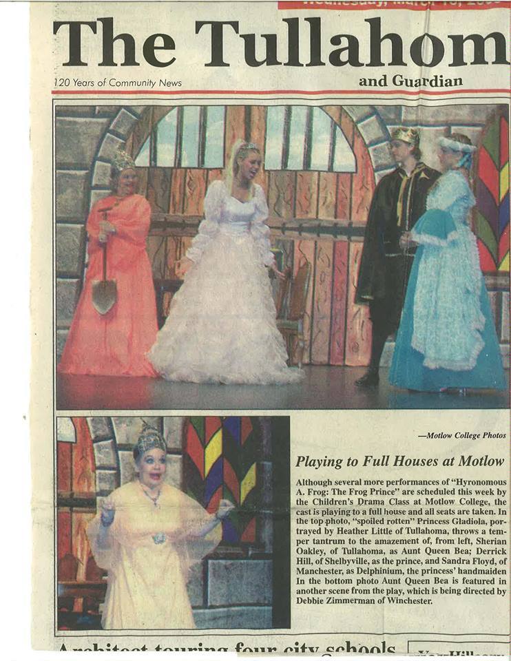 The Tullahoma News Cover Page featuring photos from a Motlow production of "The Frog Prince"