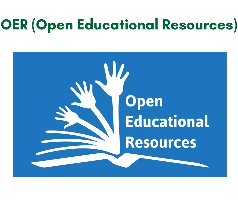 An image of a open white book on a blue background. The spread pages become hands and the words "Open Educational Resources" is on the right side of the book