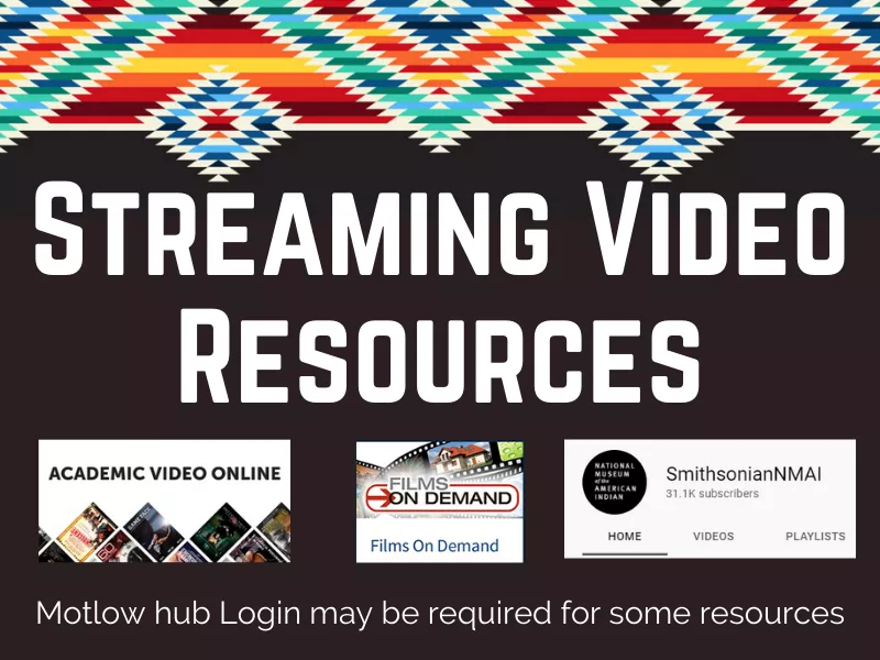Streaming Videos for Native American Heritage Month. Motlow Hub Login may be required off-campus for some resources.