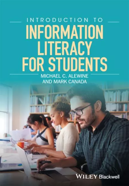 Students study in a library, and the book title is "Introduction to Information Literacy for Students"